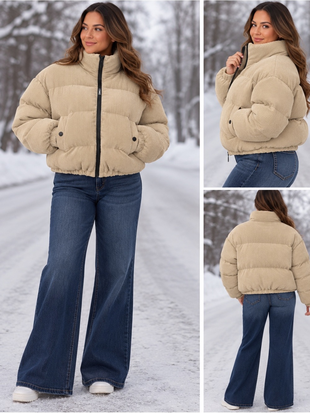 Commense Cropped Funnel Neck Corduroy Puffer Jacket M